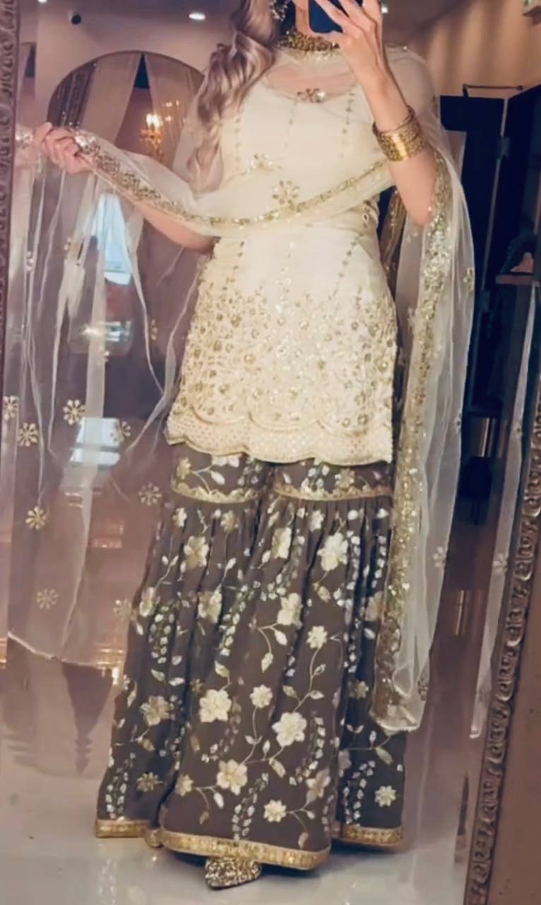 Modern Ivory & Dark Bronze Flared Silk Set